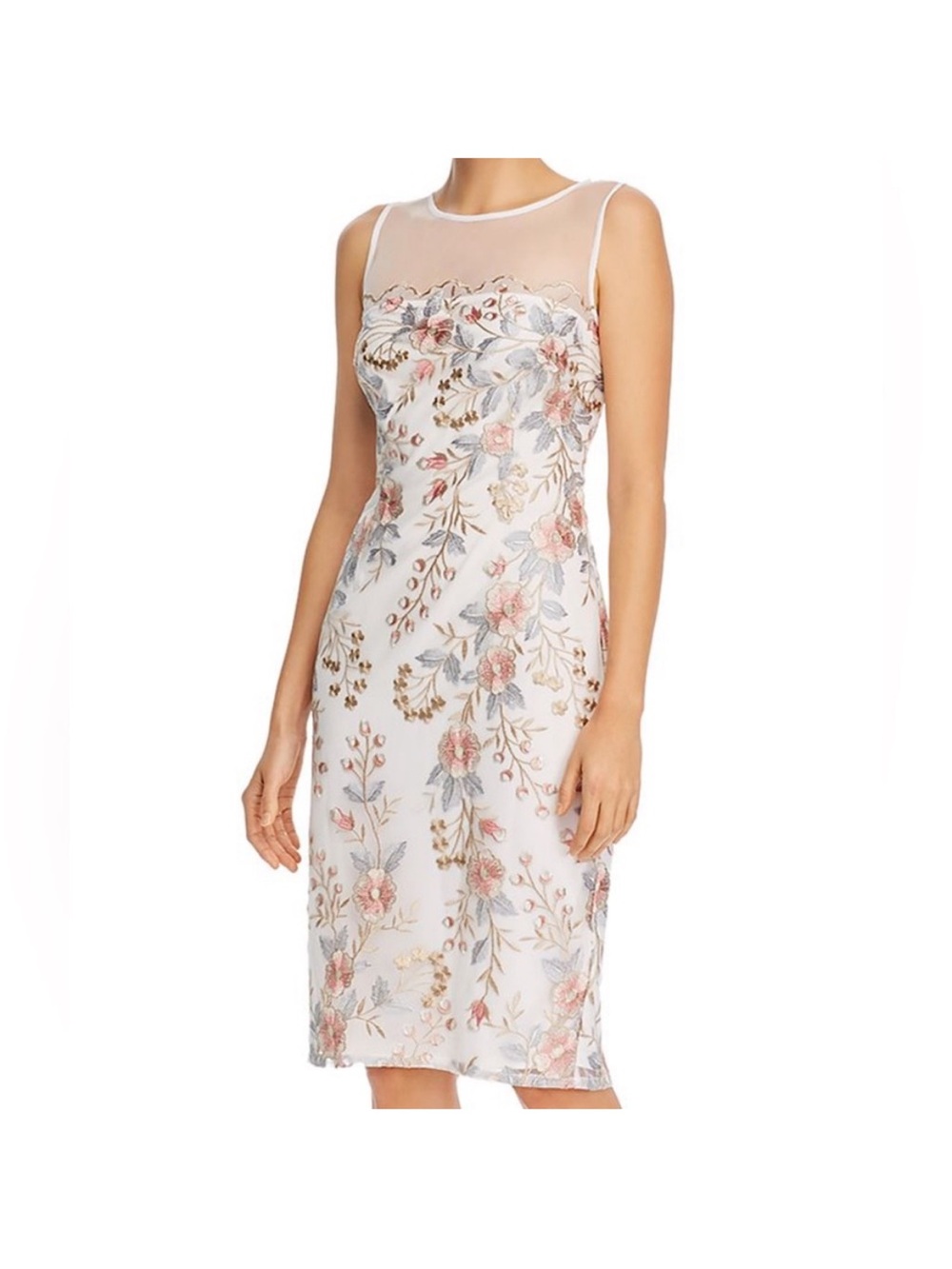 Adrianna Papell OffWhite Sheath Dress with Blush and Light Blue Floral Embroider